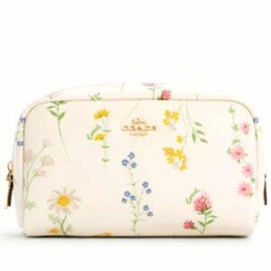 Coach Small Boxy Cosmetic Bag Floral Cream Case Spaced Wildflower Print Zipper